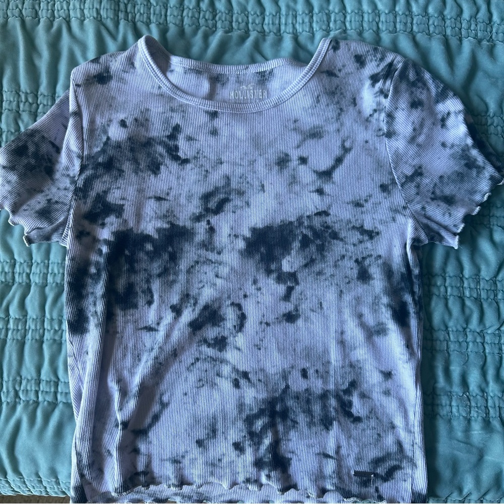 Hollister Blue and White Ribbed Baby Tee